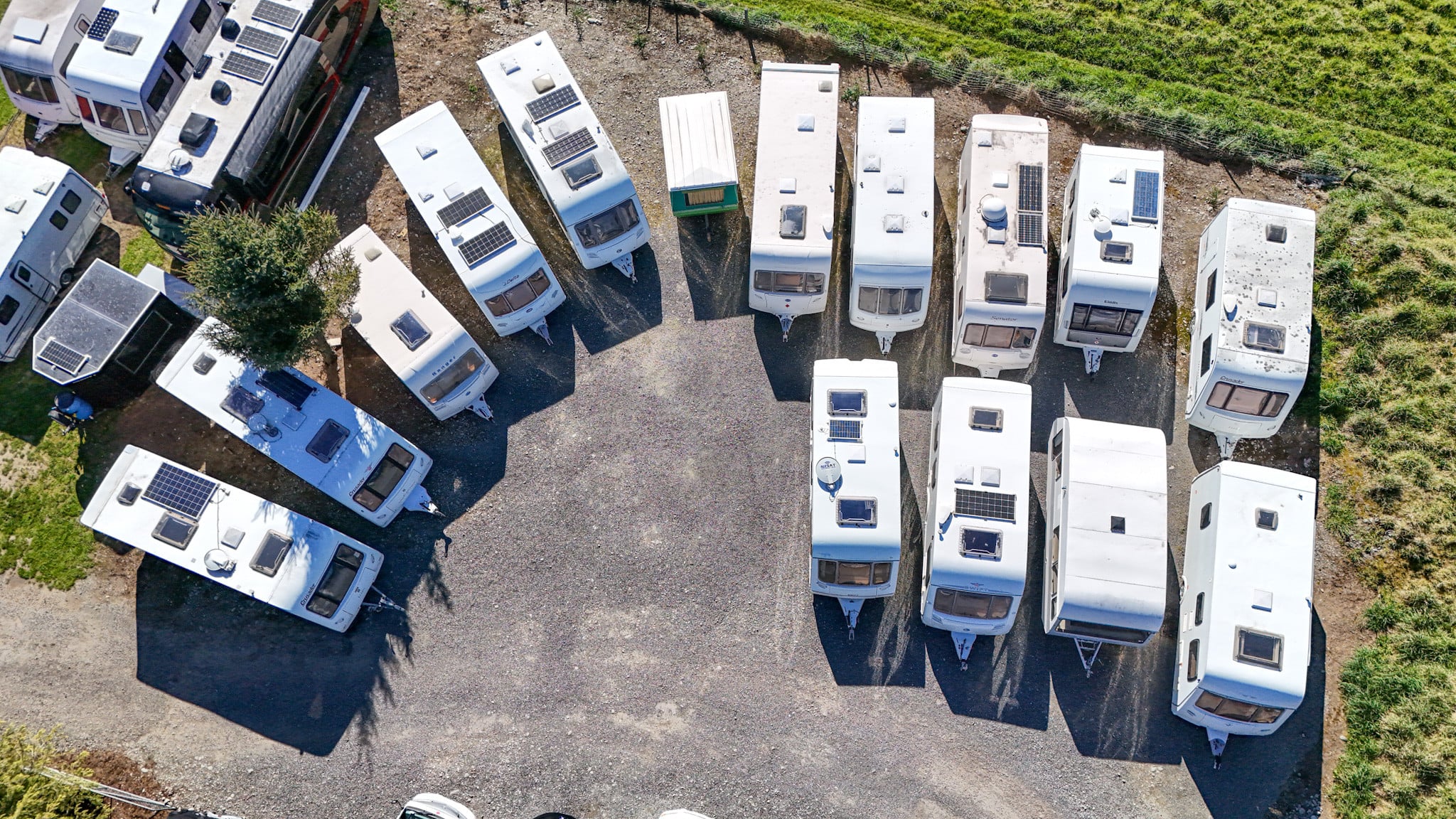 Aerial view of caravans for sale on the CMX Canterbury yard in Rolleston